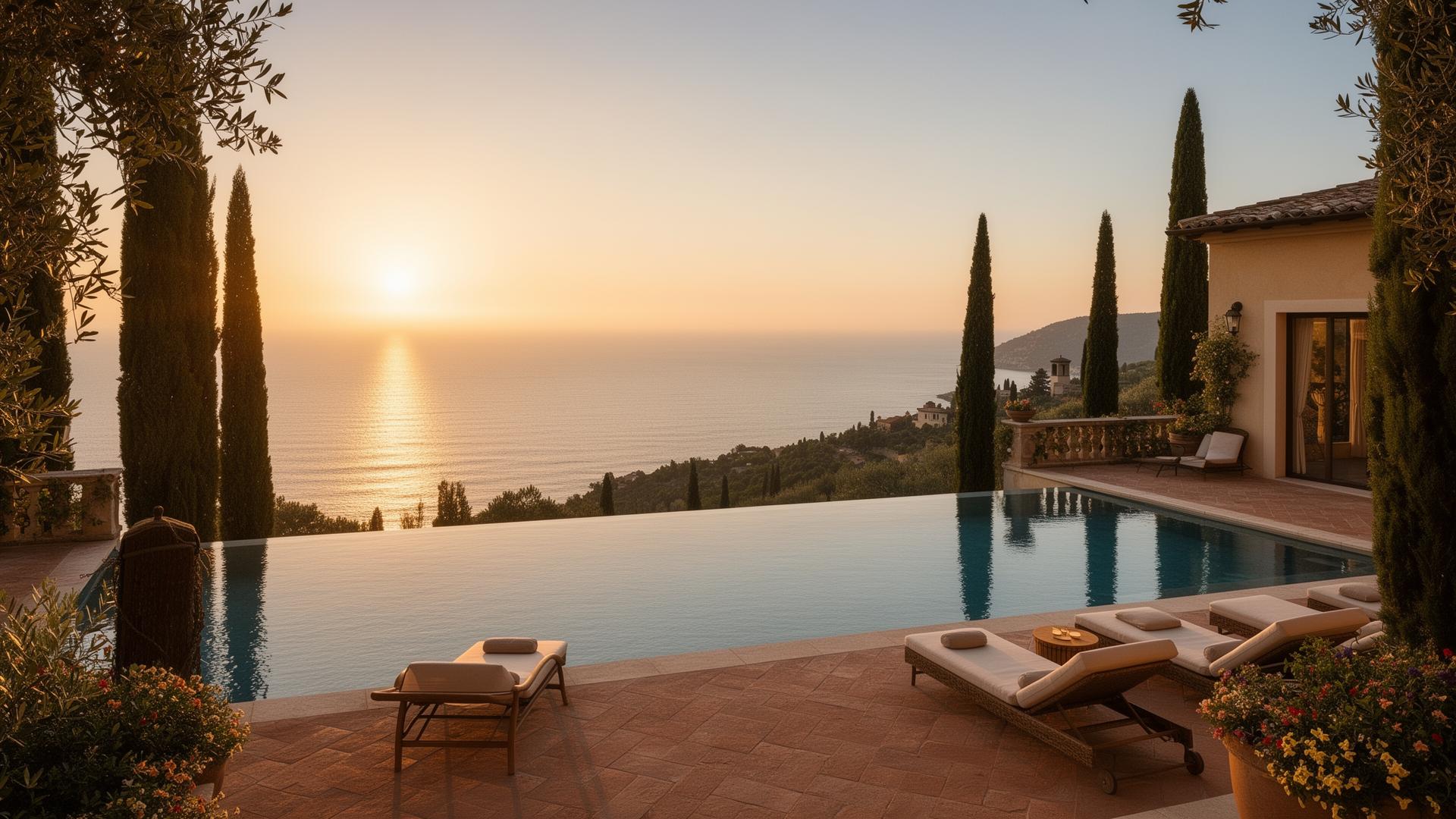 Italian villa overlooking the Mediterranean at sunrise